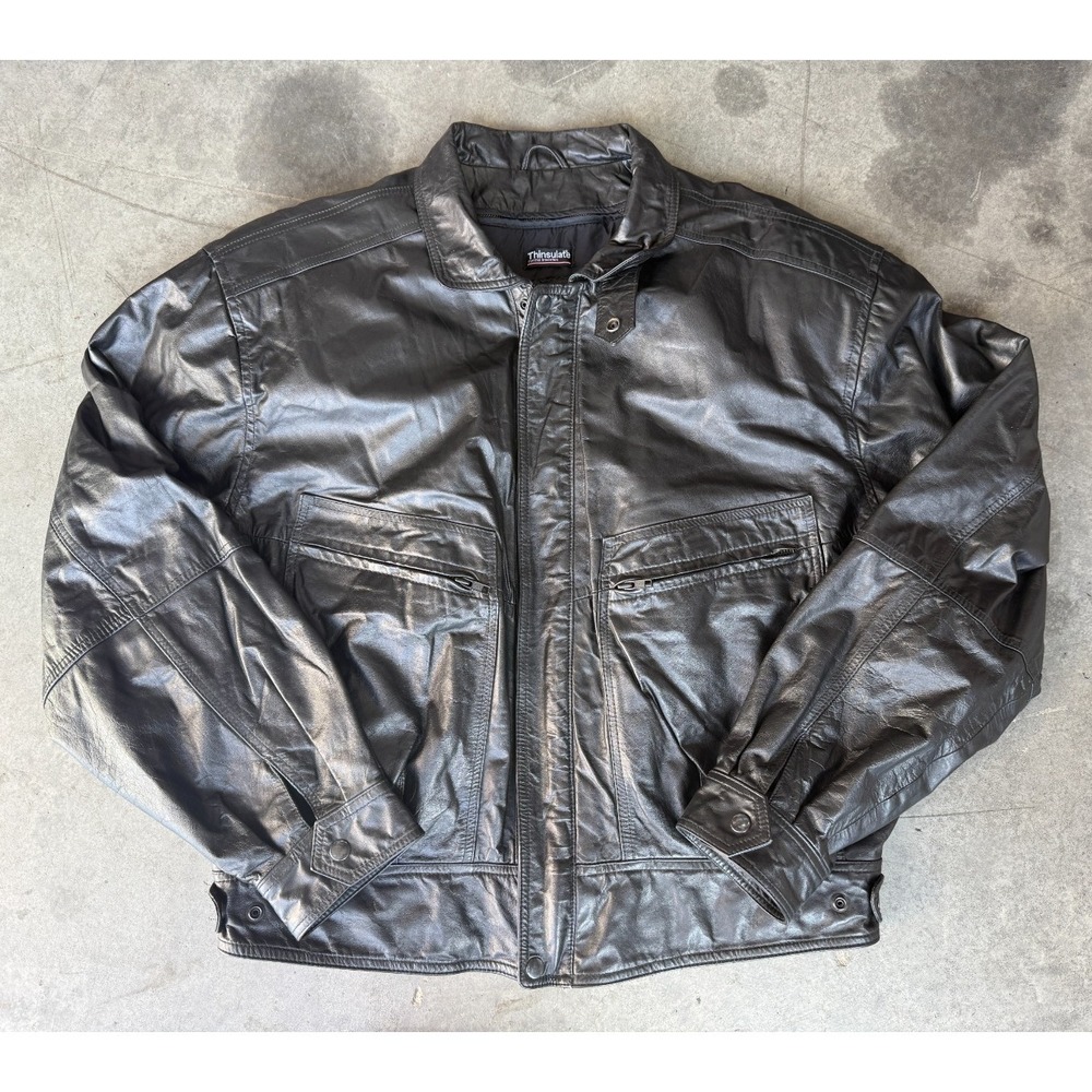 VTG Mens Sz XL Byrnes & Baker Black Leather Bomber Full Zip Jacket Thinsulate